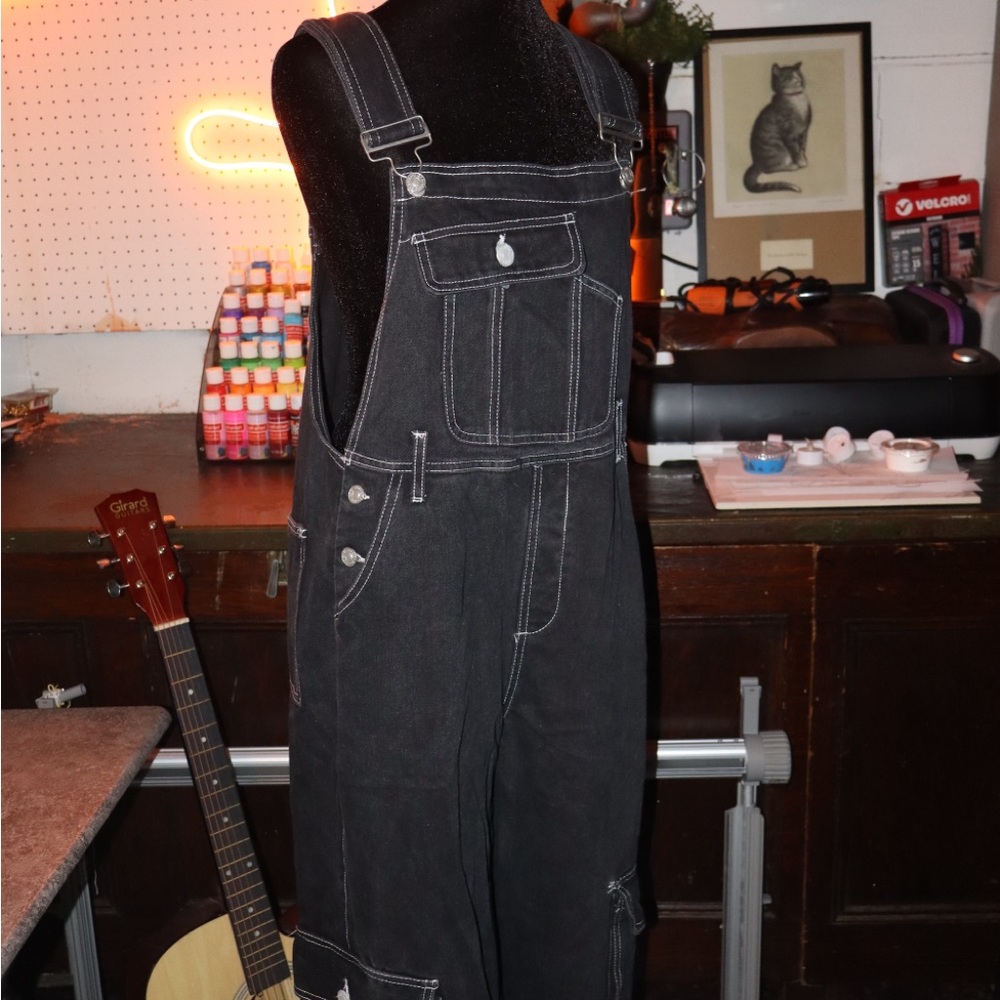 Forever 21 Black Contrast Denim Overalls with White Stitching